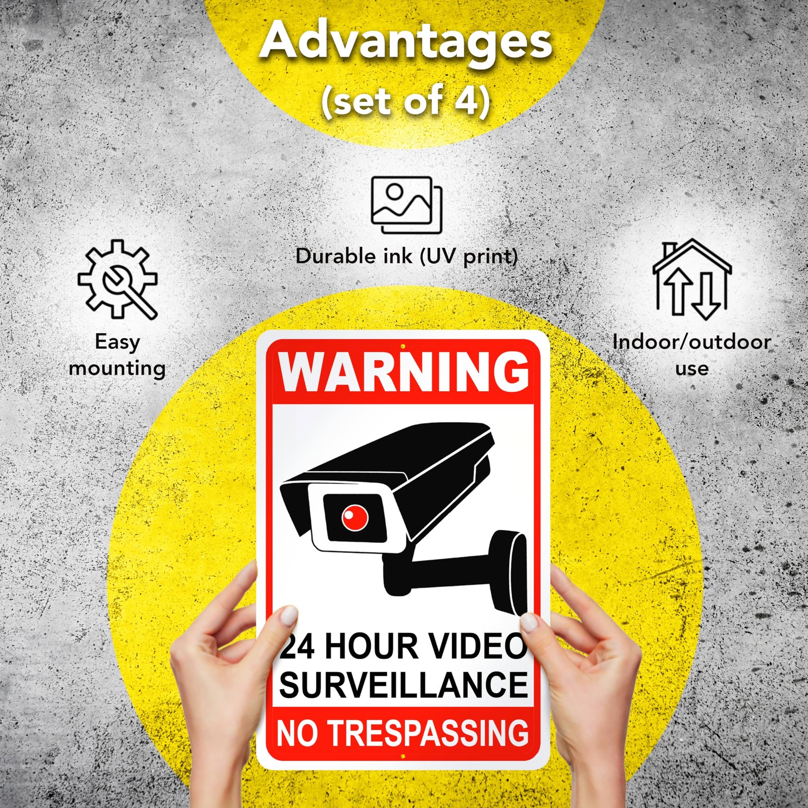 4 Pack 24 Hour Video Surveillance Sign 10×7 Inch for Home Office Business