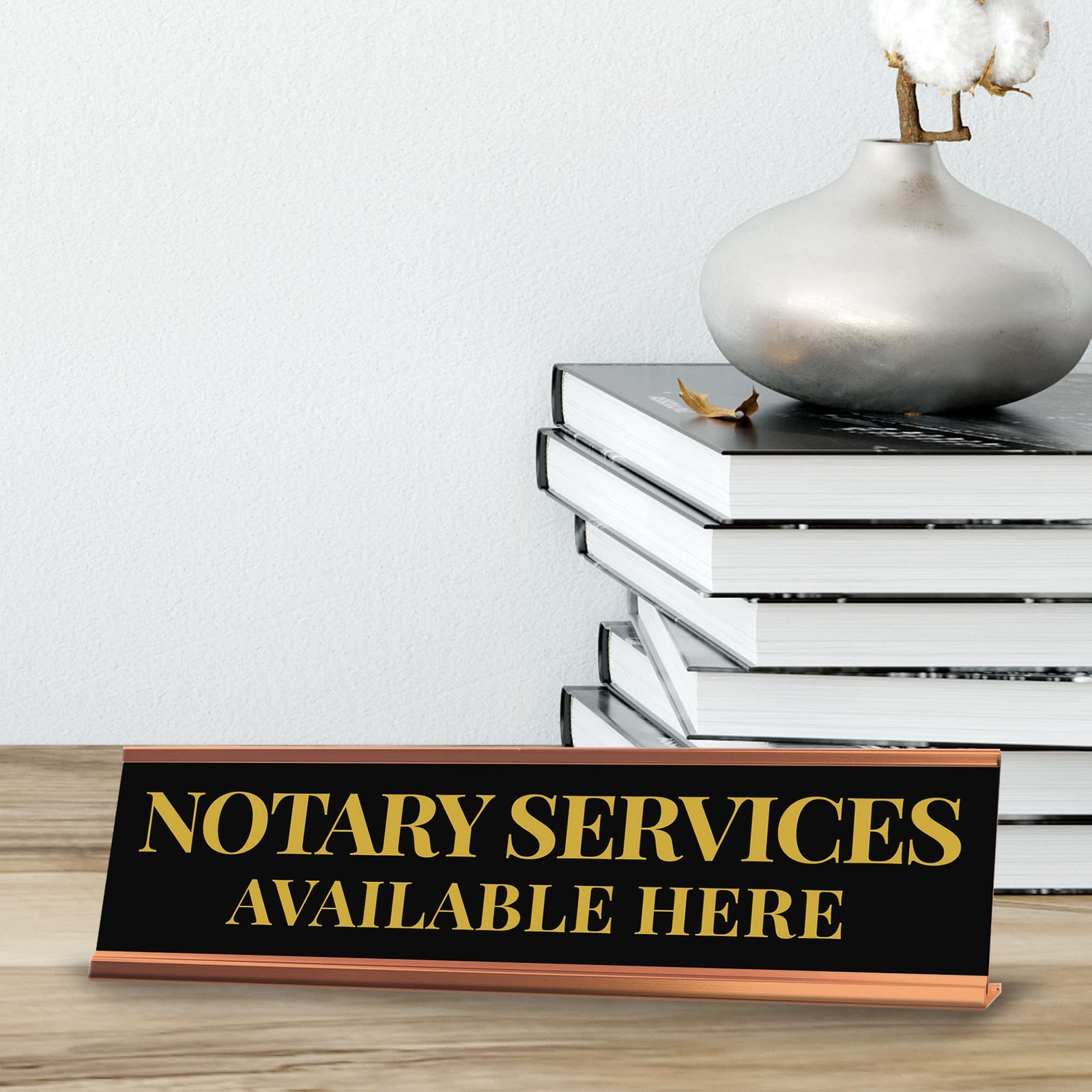 Signs ByLITA Notary Services Available Here Gold Frame Desk Sign (2×8&Prime;)