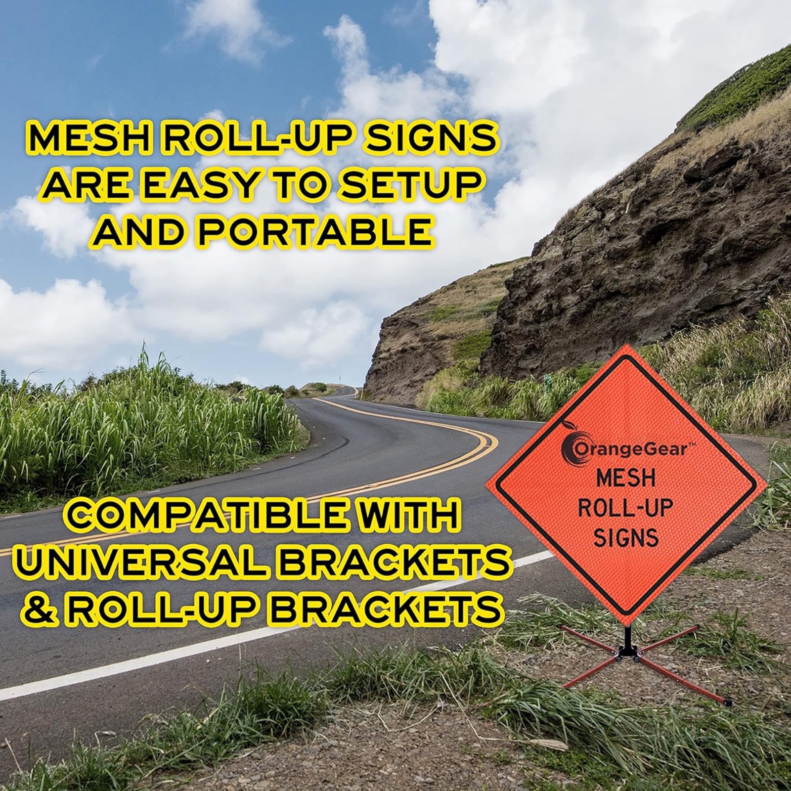 48&Prime; Custom Mesh Orange MUTCD Roll-Up Traffic Safety Sign & Steel Stand Kit