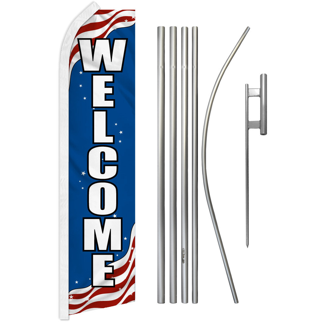 Welcome Swooper Flutter Feather Advertising Flag Pole Kit Open Welcome Patriotic