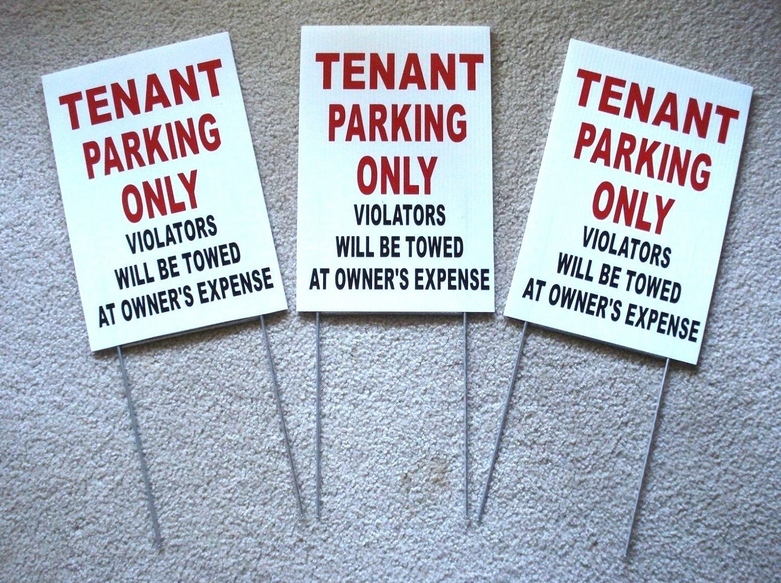 (3) TENANT PARKING ONLY 8&Prime;x12&Prime; Plastic Coroplast Signs w/ Slide-in-Stakes