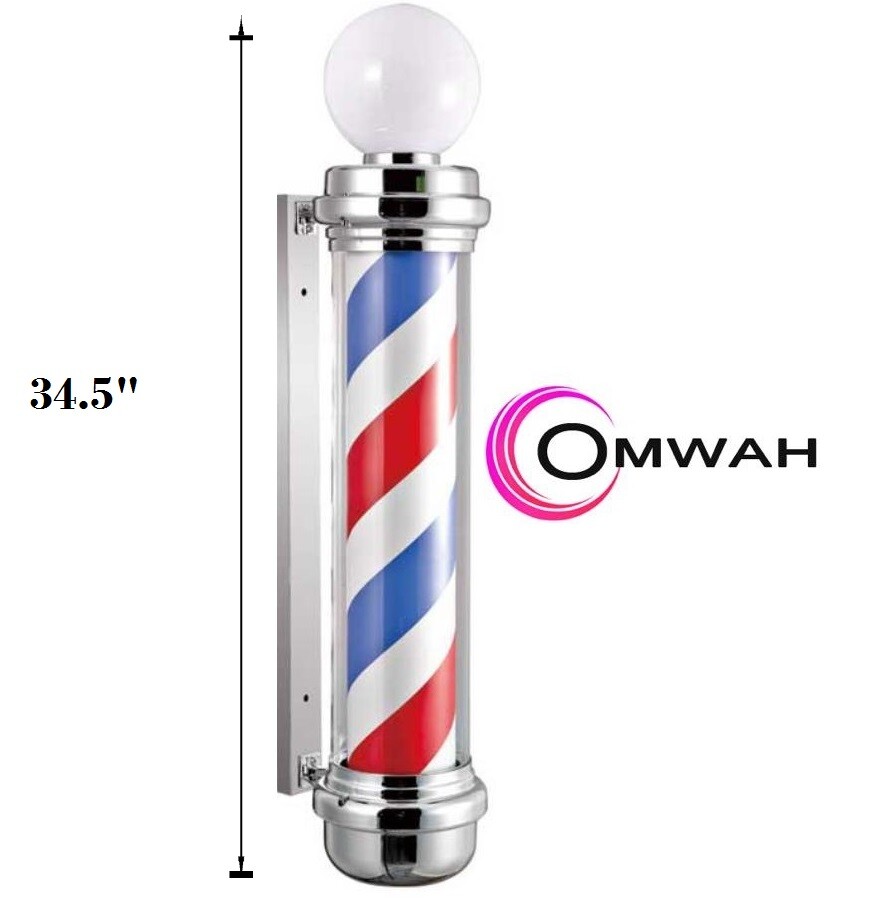 Barber Shop Pole Sign LED Light 34&Prime; Rotating Stripes Hair Salon Wall Mounted