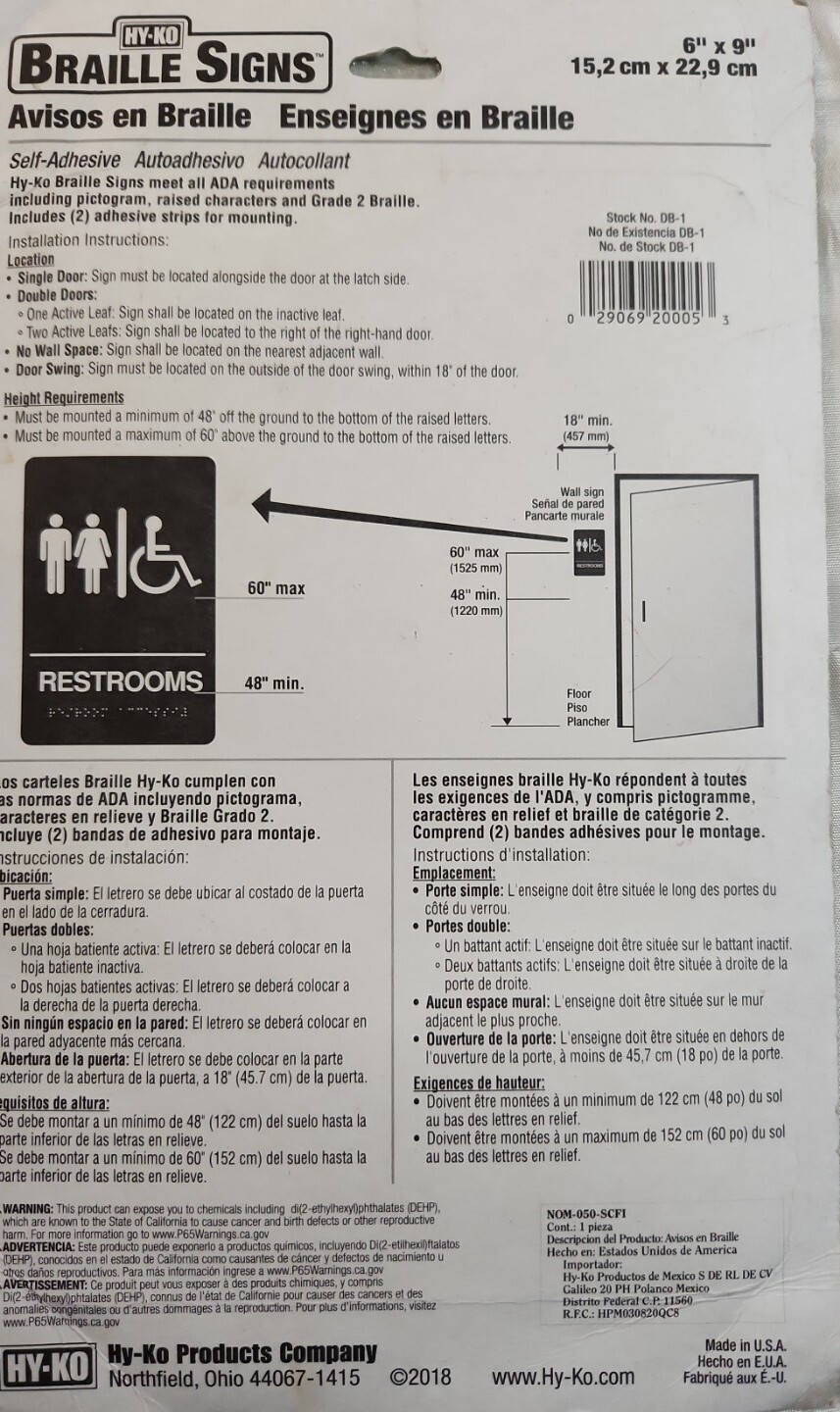 Braille Handicap Men Restroom Sign Hy-Ko Products 6×9 Self Adhesive