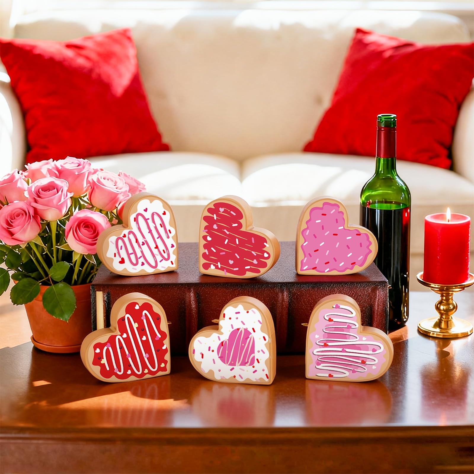 6 PCS Valentine Wooden Heart Table Centerpiece Double Sided Tray Decor