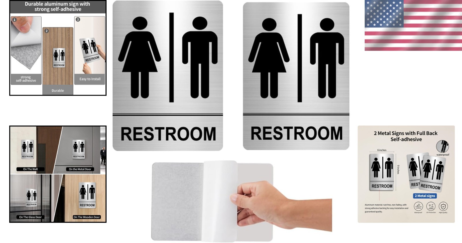 Easy Install Brushed Nickel Bathroom Signs
