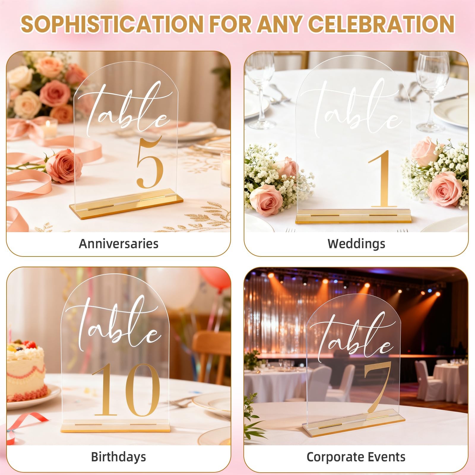 20 PCS Elegant Acrylic Wedding Table Numbers 120 Golden Text 5×7 Stands