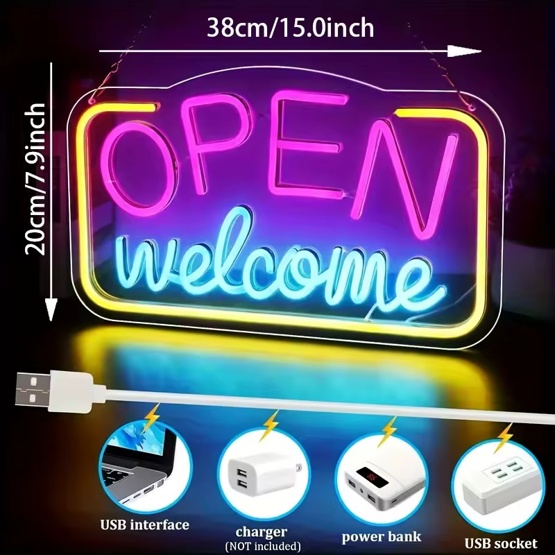 USB Powered Vibrant Multicolor LED Neon « OPEN WELCOME » Sign | Battery-Free with