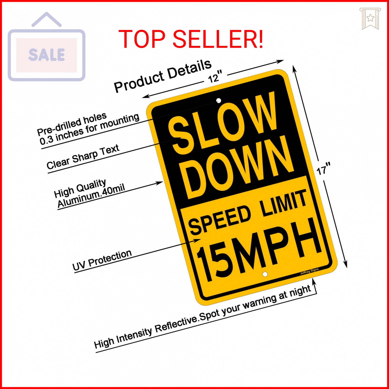 Joffreg Slow Down Speed Limit 15 MPH Sign,17 x12 Inches,Reflective Aluminum (2 P