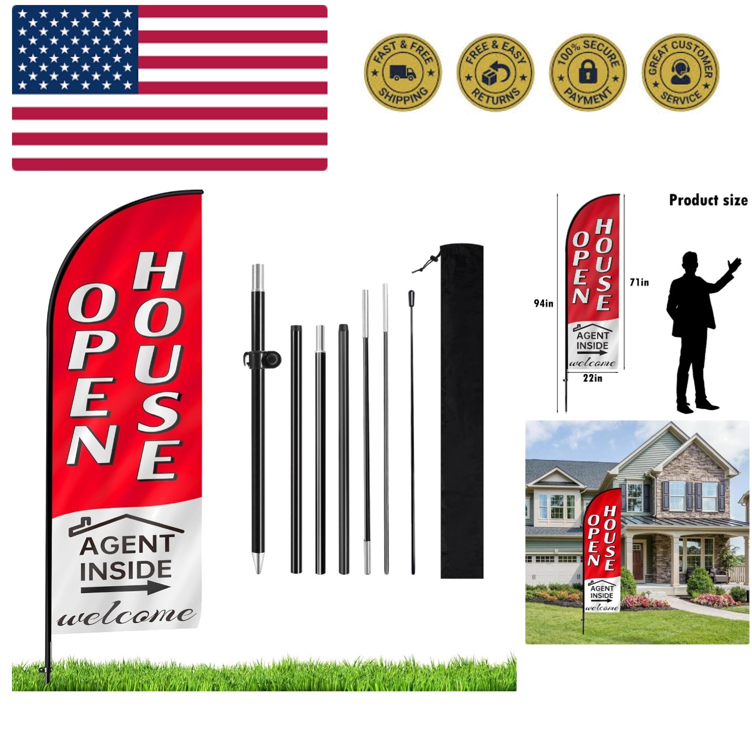 7.9FT Open House Signs for Real Estate Agents,Business Open House Flag and Po…
