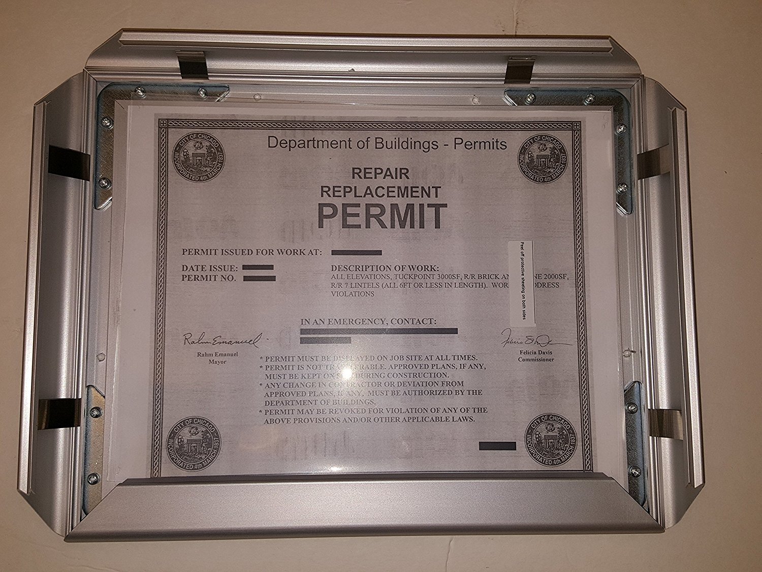 Permit frame city of Chicago 8.5 x 11 (Heavy Duty )-REF24-1027