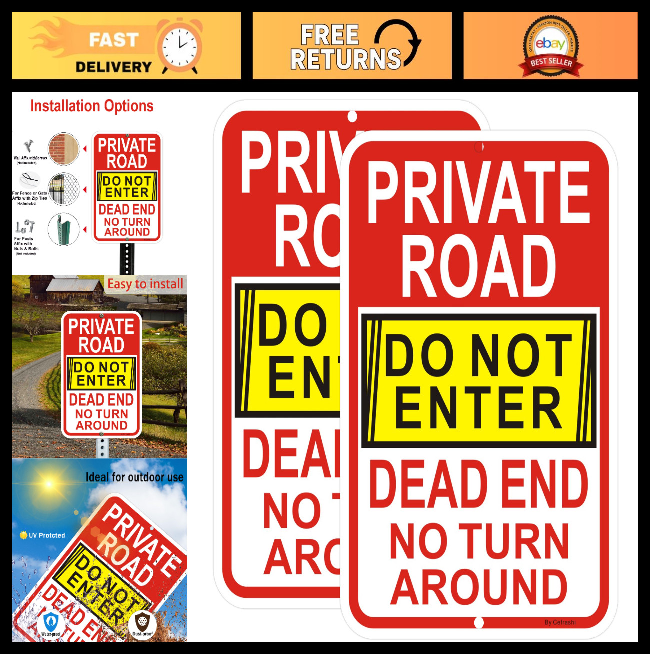 2 Pack Reflective Aluminum No Turn Around Sign, 18&Prime; x 12&Prime;, Dead End Do Not Enter