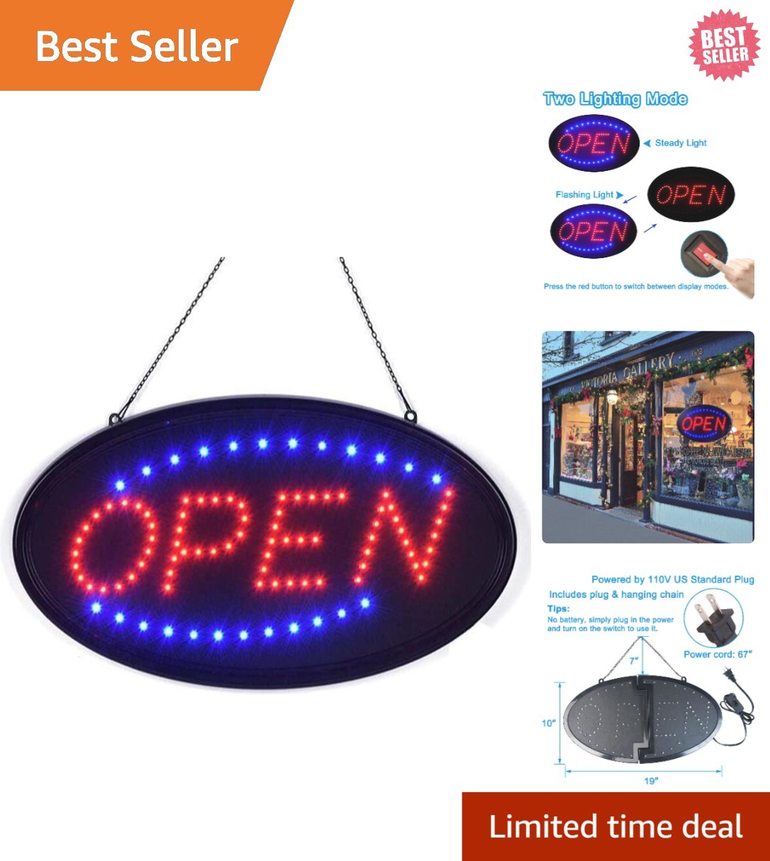 LED Advertisement Board 19&Prime;x10&Prime; – Open Sign for Bars & Shops with 2 Modes