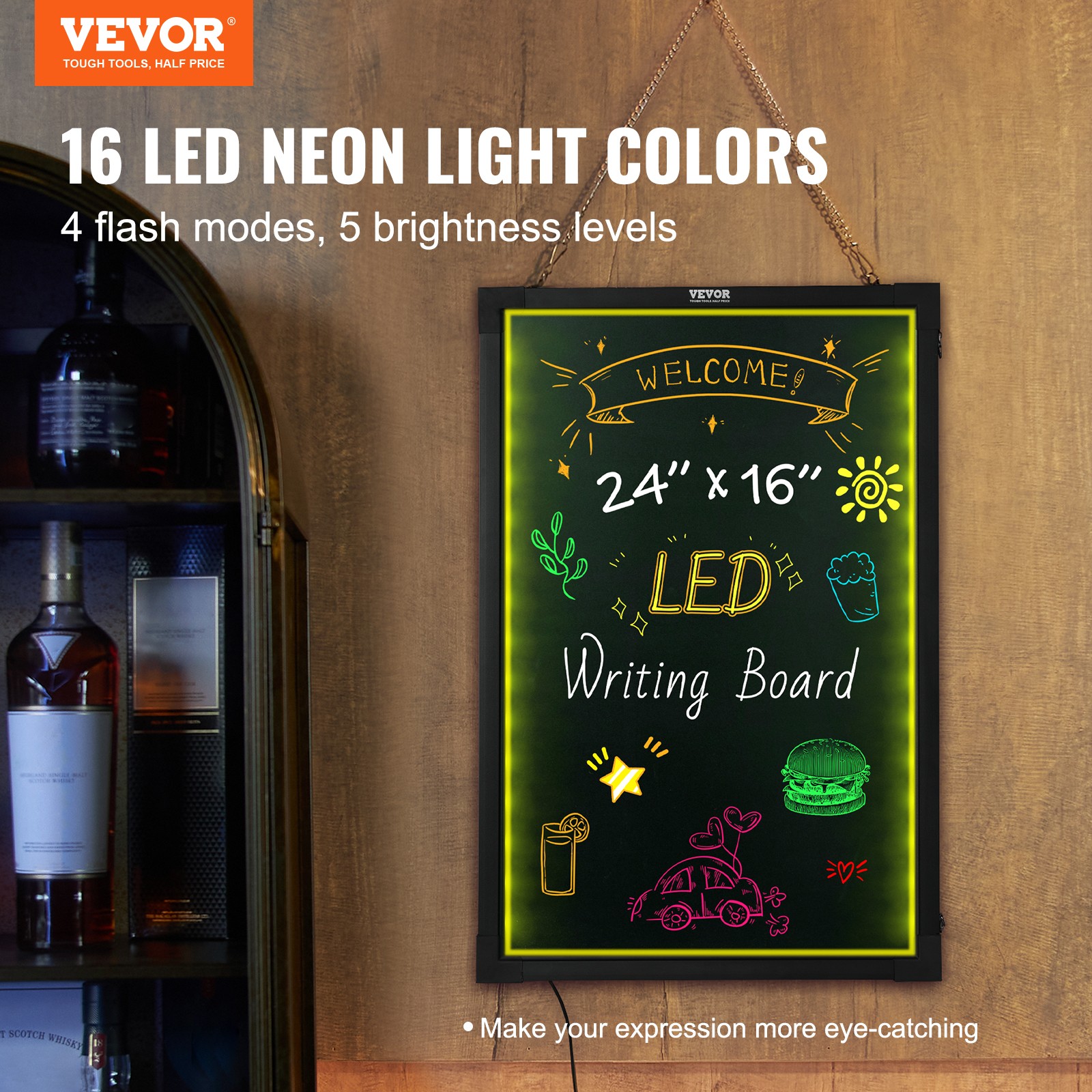 VEVOR LED Message Writing Board 24&Prime;x16&Prime; Illuminated Erasable Lighted Chalkboard