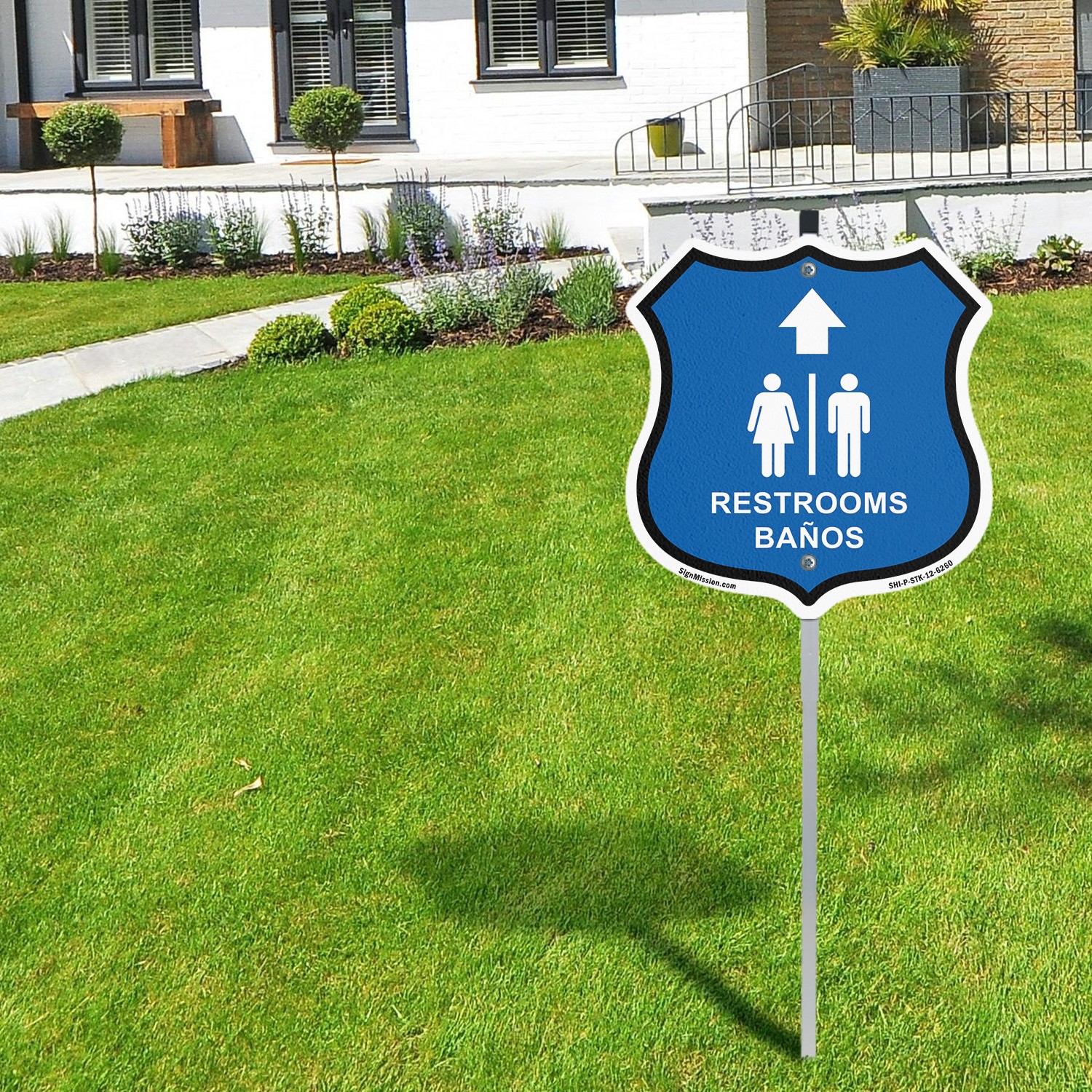 Restrooms Ba�os Up Arrow Bilingual English / Spanish Shield Sign With Stake