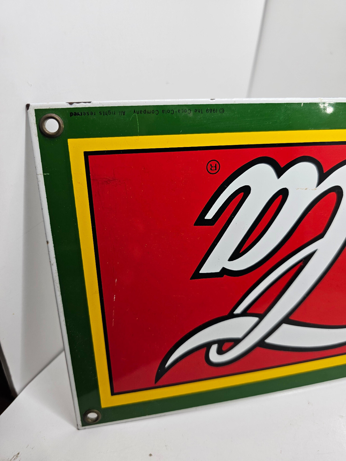 Vintage 1989 Coca Cola Porcelain Advertising Sign Classic Red & Green 18&Prime; x 6&Prime;