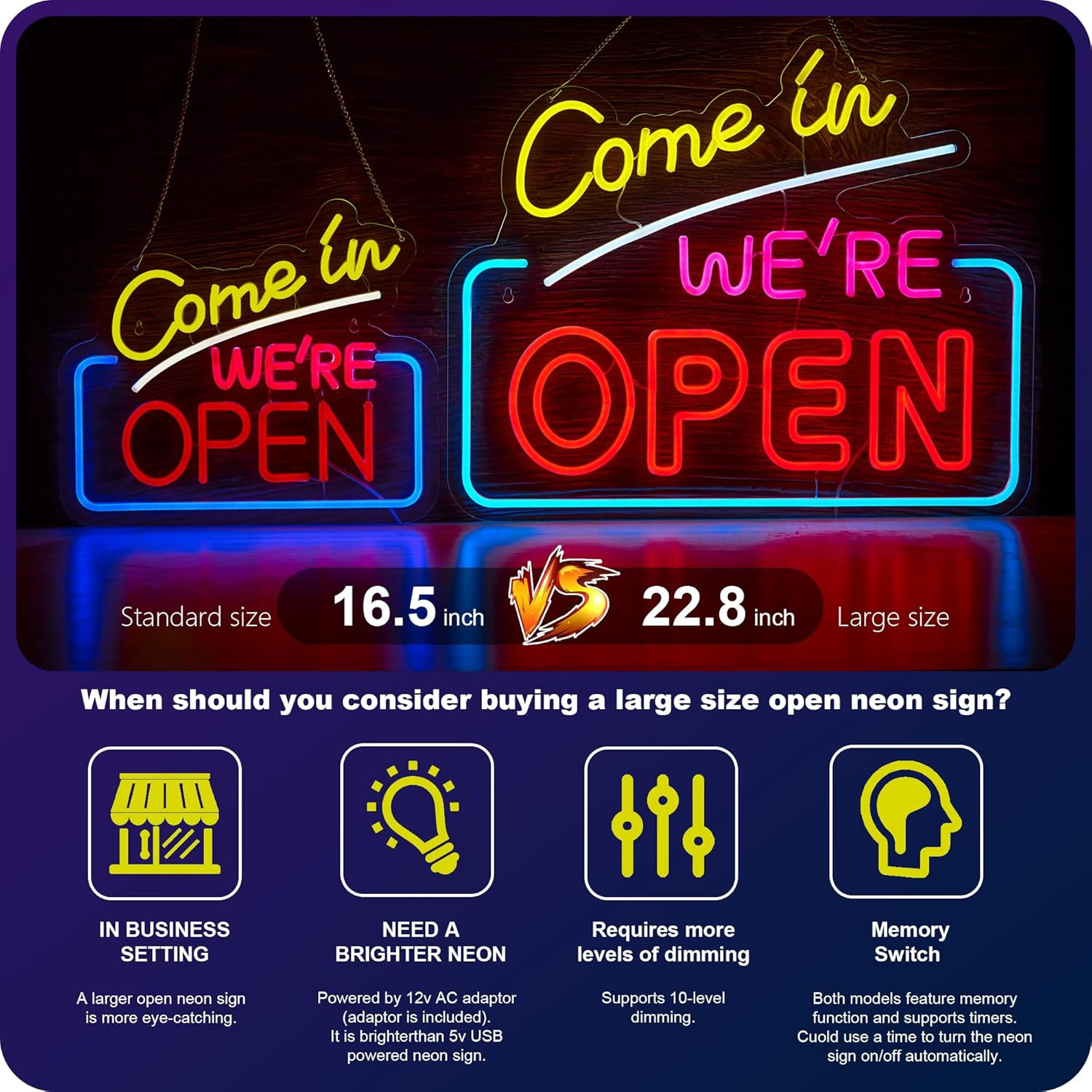 Bright Large Neon « Come In We&rsquo;re Open » Sign for Café, Shop, Bar, Restaurant