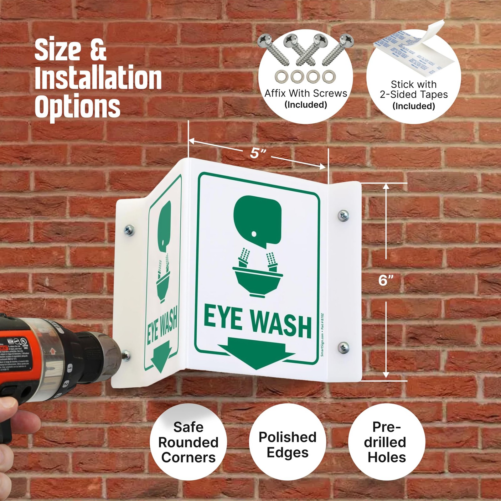 Eye Wash Projecting Sign 5×6 Inch Acrylic Safety First Aid Wall Mount Notice