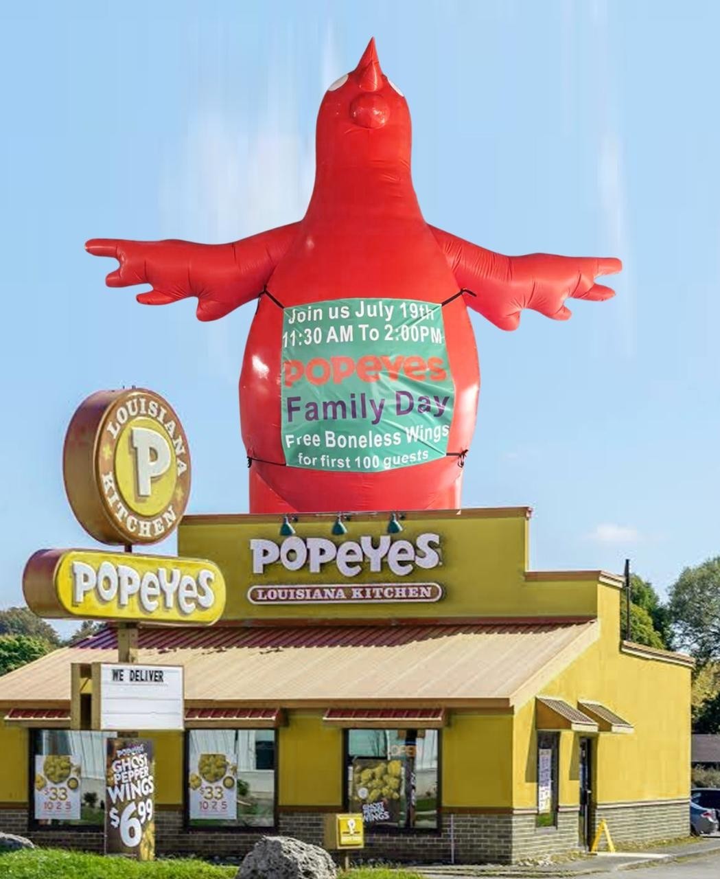 22ft Poppy Popeyes Giant Chicken Balloon for Outdoor Advertising | BUY or RENT
