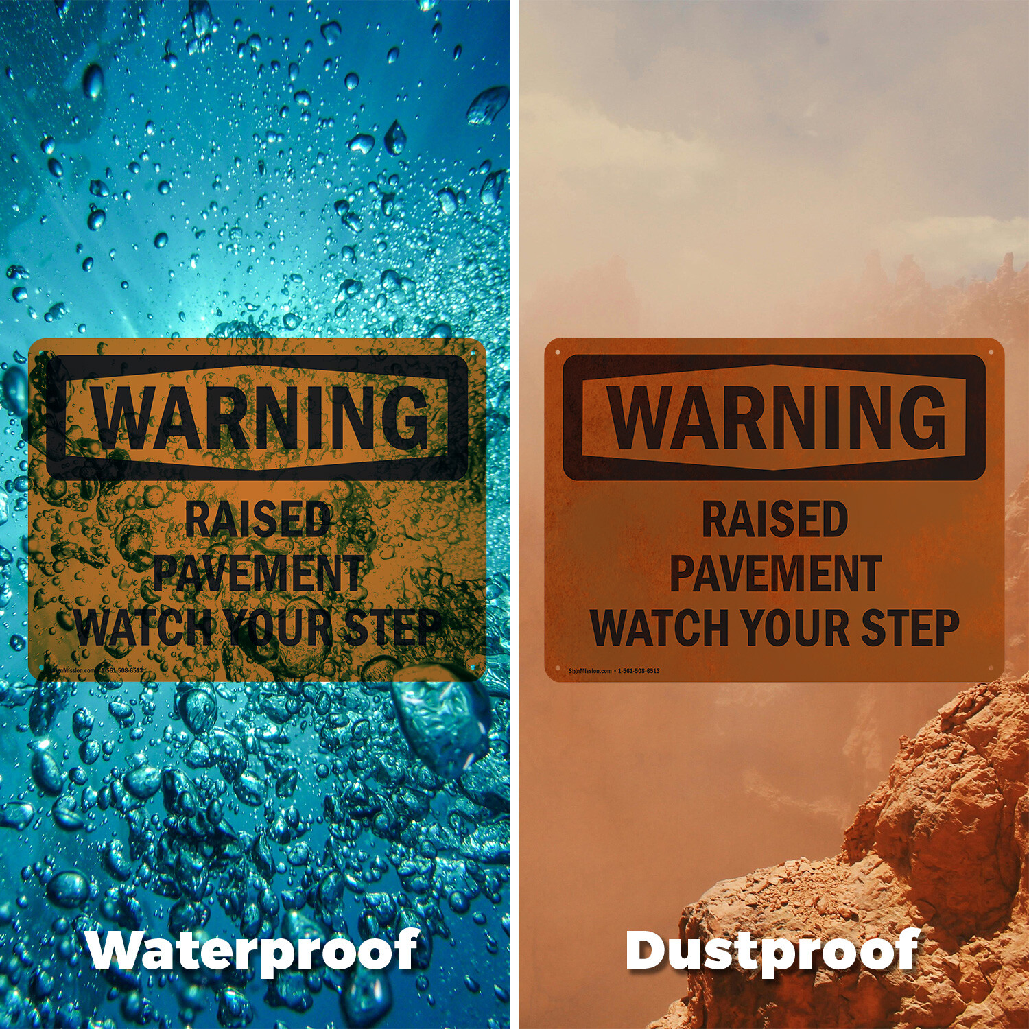 (2 Pack) Raised Pavement Watch Your Step OSHA Warning Sign Decal Metal Plastic