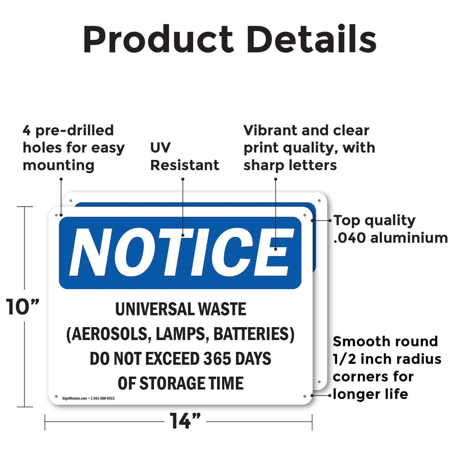 (2 Pack) Universal Waste (Aerosols Lamps Batteries) OSHA Notice Sign Decal Metal