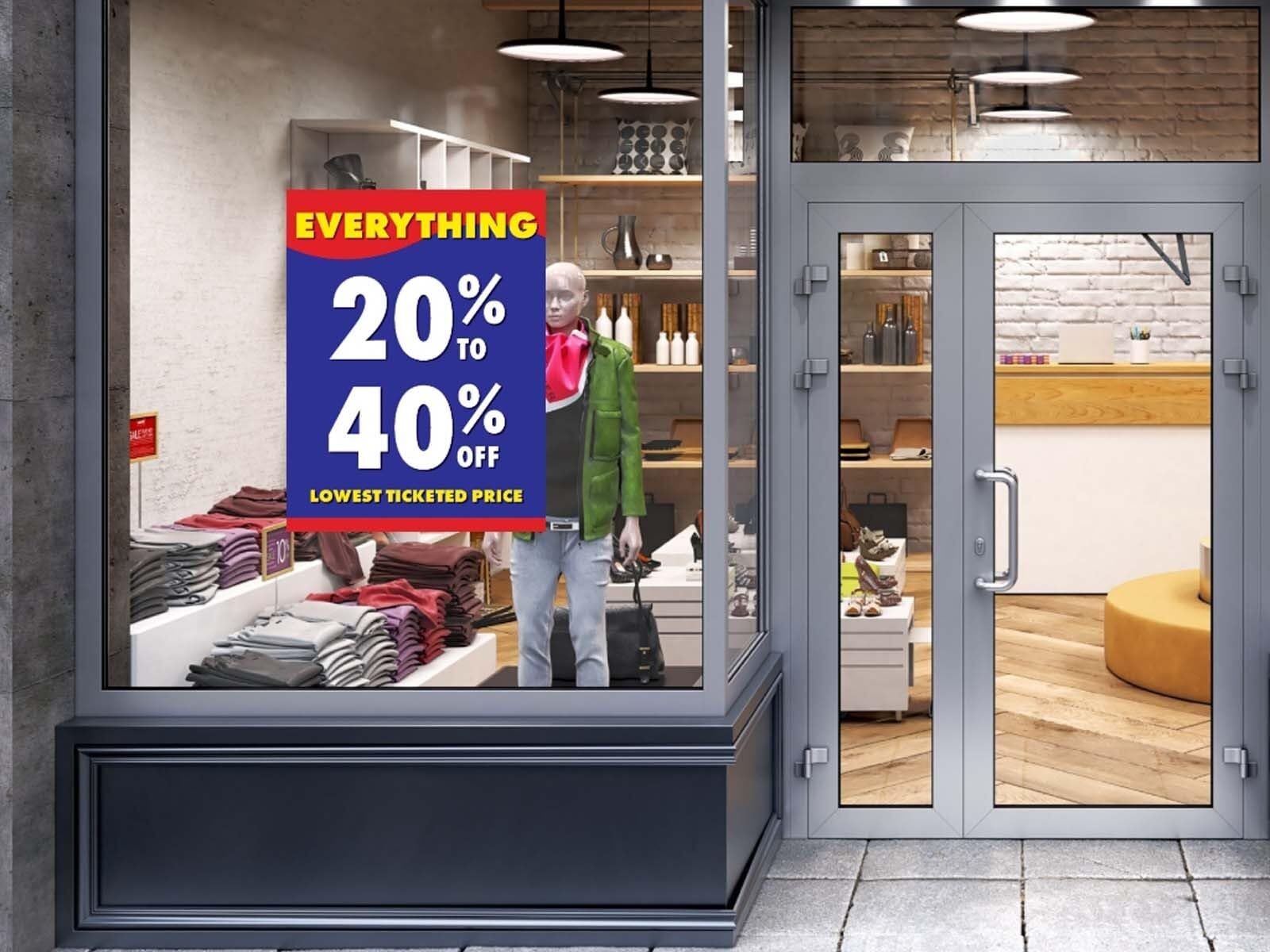 Everything 20 To 40 Off | Retail Window Display Sign | 18&Prime;W x 24&Prime;H | 5 Pack