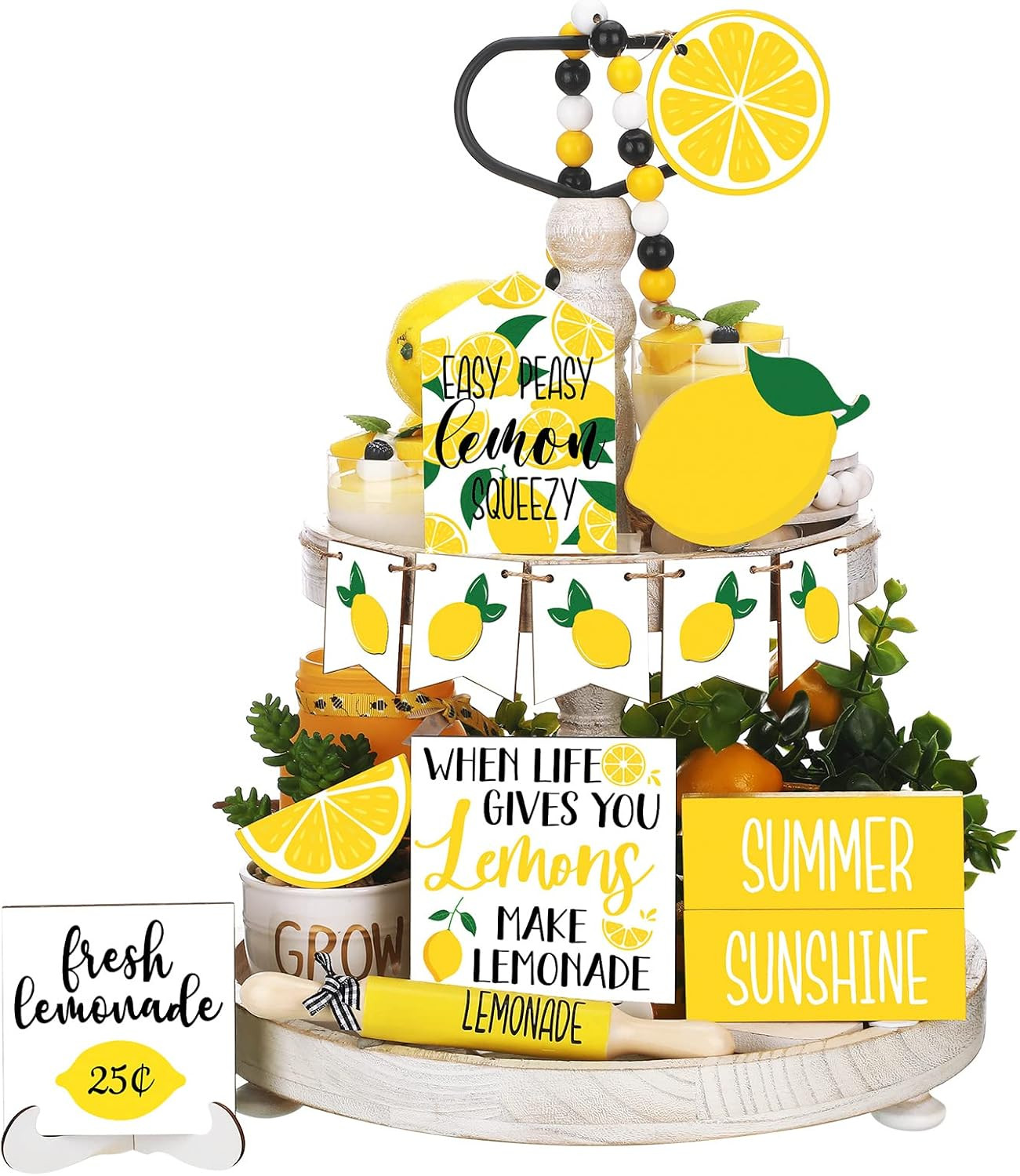 14 Pcs Summer Lemon Tiered Tray Decor Set Summer Table Decoration Lemonade Woode