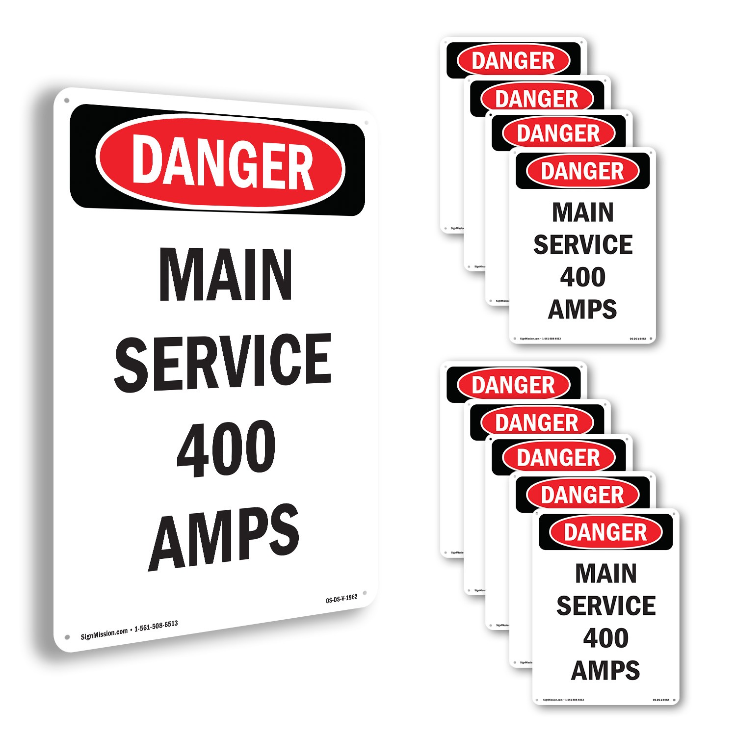 Main Service 400 Amps OSHA Danger Sign Metal, Plastic, Or Decal – 5 or 10 Pack