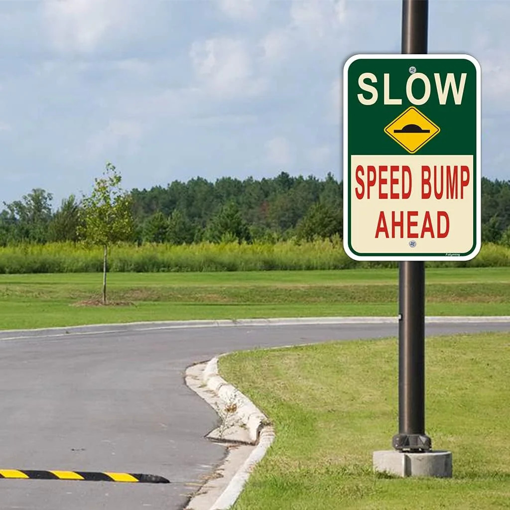 2 Pack Slow Speed Bump Ahead Signs, Slow Down With Speed Bump Emblem Sign 18 x 1