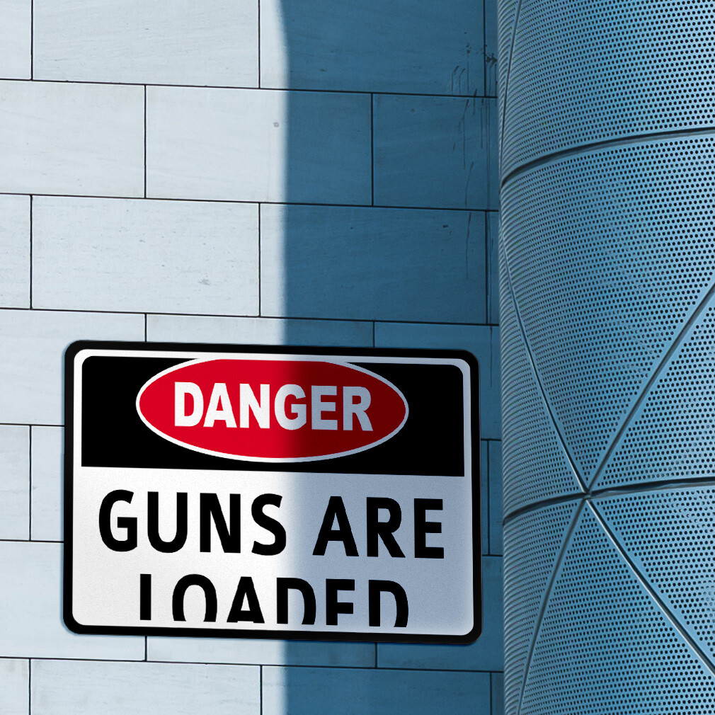 Aluminum Horizontal Metal Sign Danger Guns Are Loaded Security White No Weapons