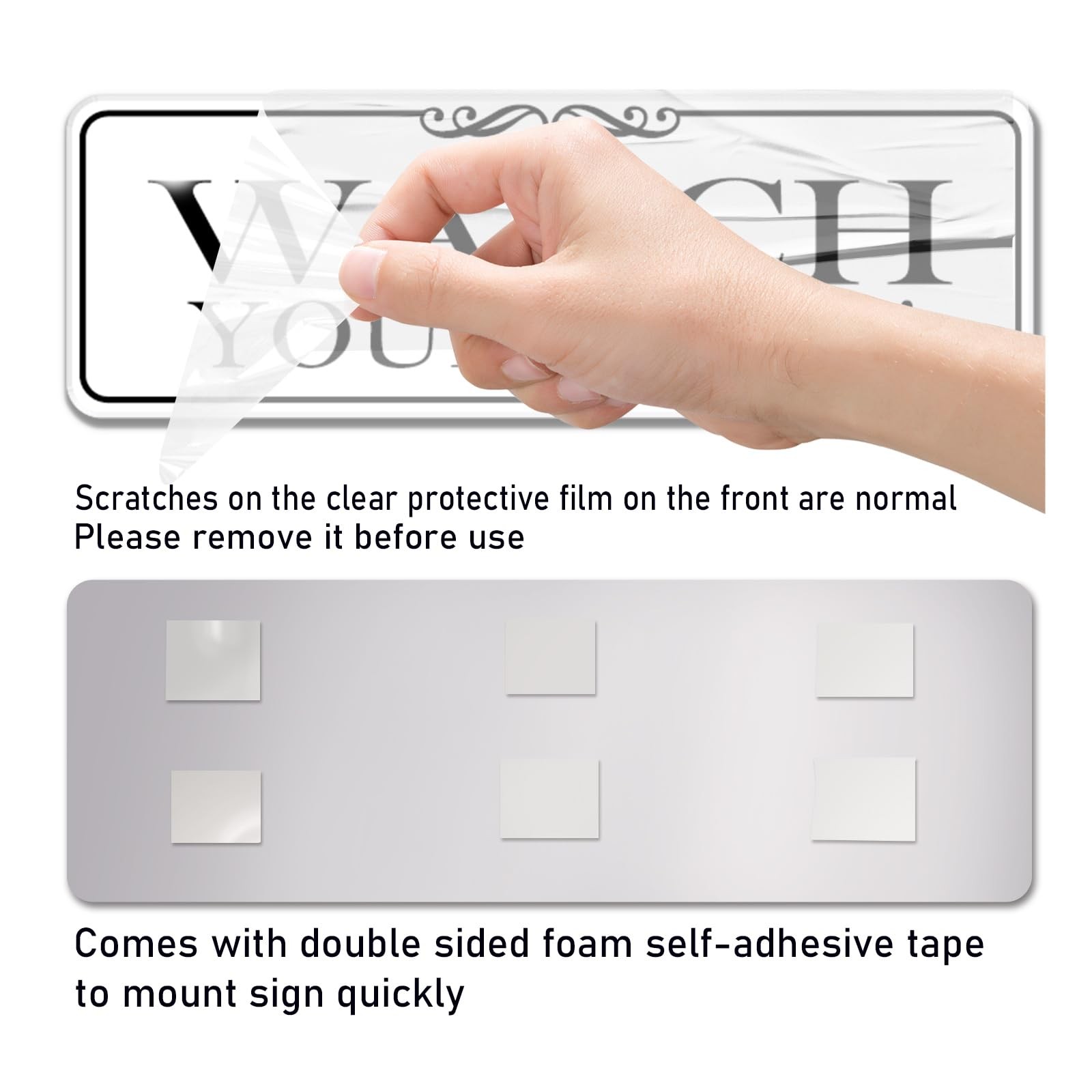 9×3 Inch Watch Your Step Sign Elegant White Acrylic Self Adhesive Wall Door