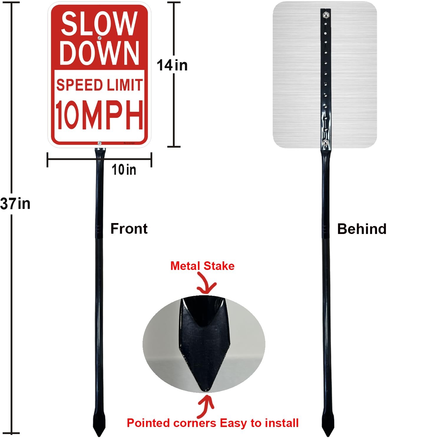 14×10 Inch Slow Down Sign Speed Limit 10 MPH 36 Inch Metal Stake 1 PCS