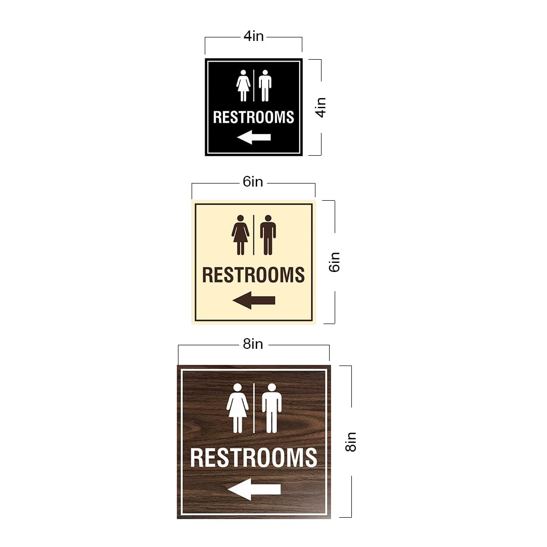 Square Restrooms left arrow Sign with Adhesive Tape Black – Large 1 Pack