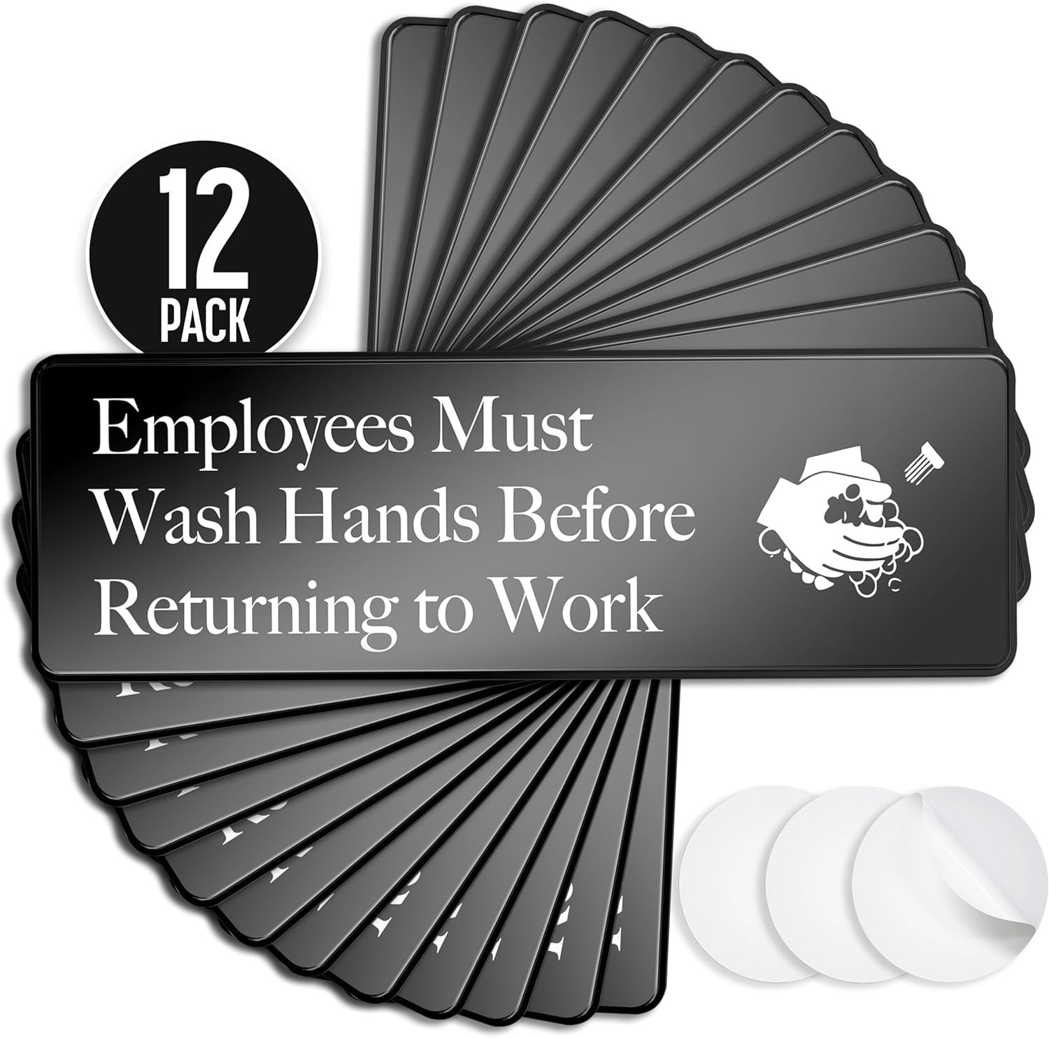 12 Pack Employees Must Wash Hands Sign 9×3 in – Black Plastic Wall Signs – New