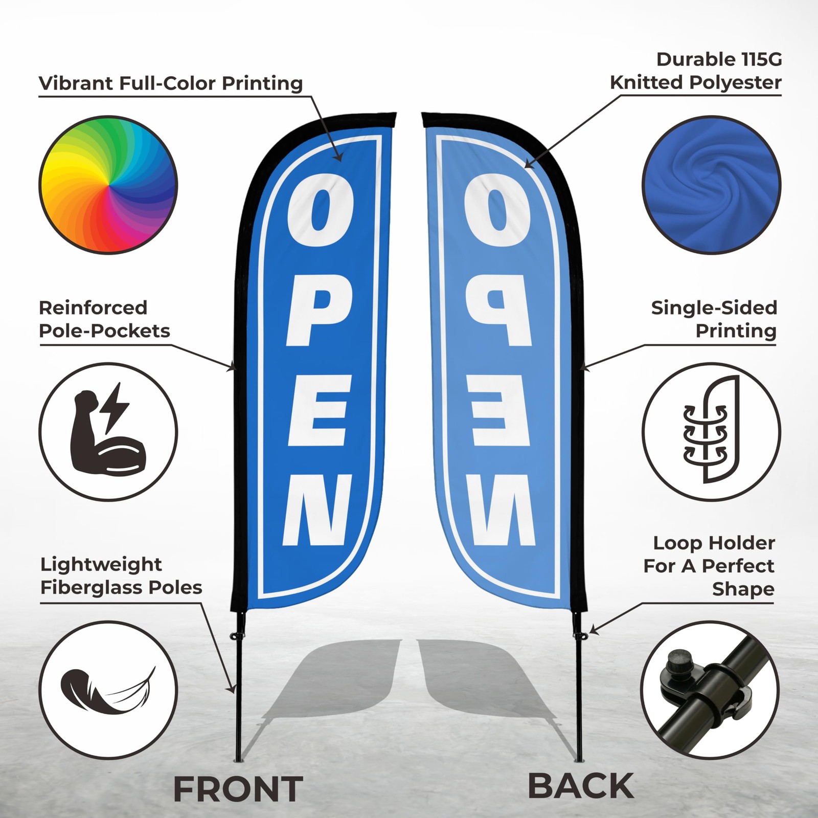 LookOurWay Open Blue & White Feather Flag Complete Set with Poles & Ground