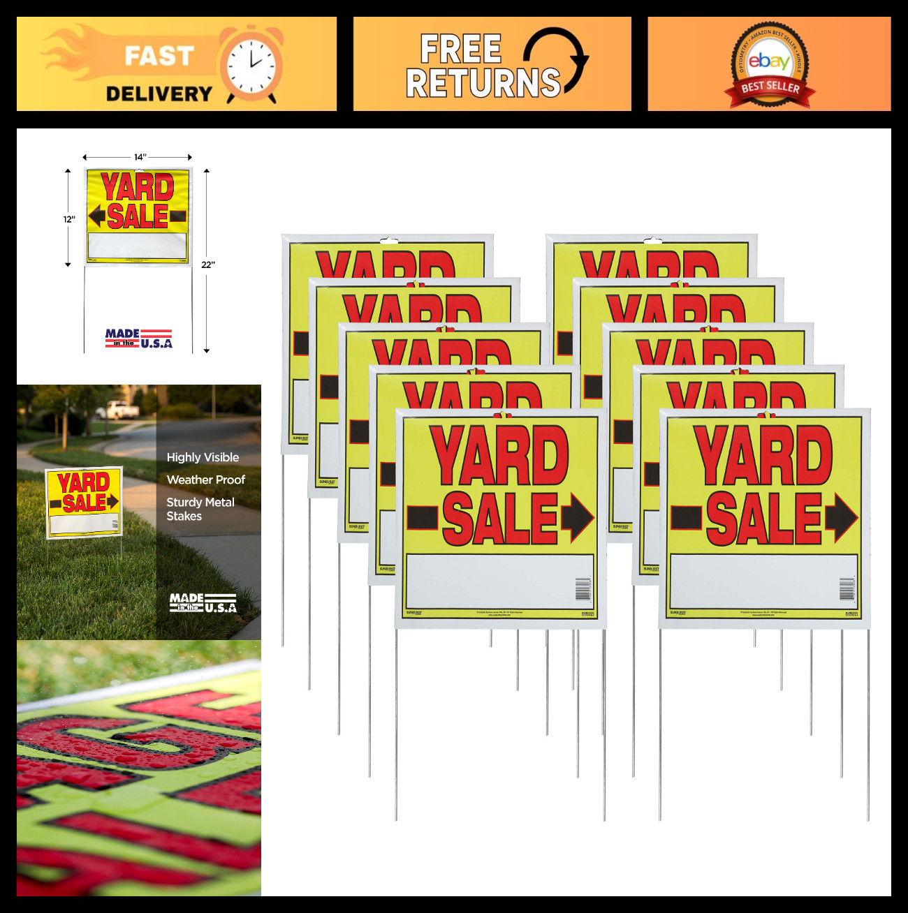 Double-Sided Yard Sale Signs with Metal U-Stake, 22&Prime;x14&Prime;, 10 Pack – Bright Color