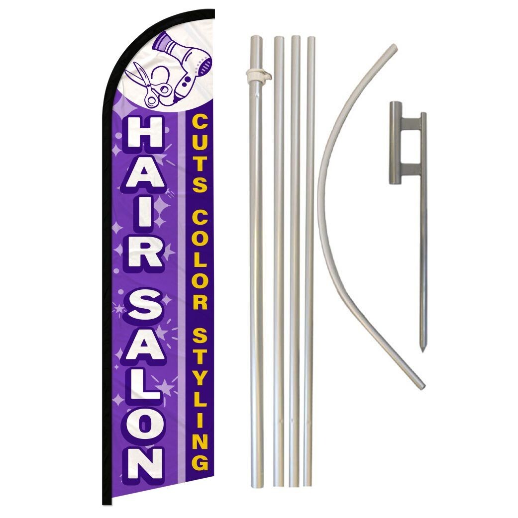 Hair Salon (Purple) Windless Banner Swooper Advertising Flag Pole Kit Hair Cuts