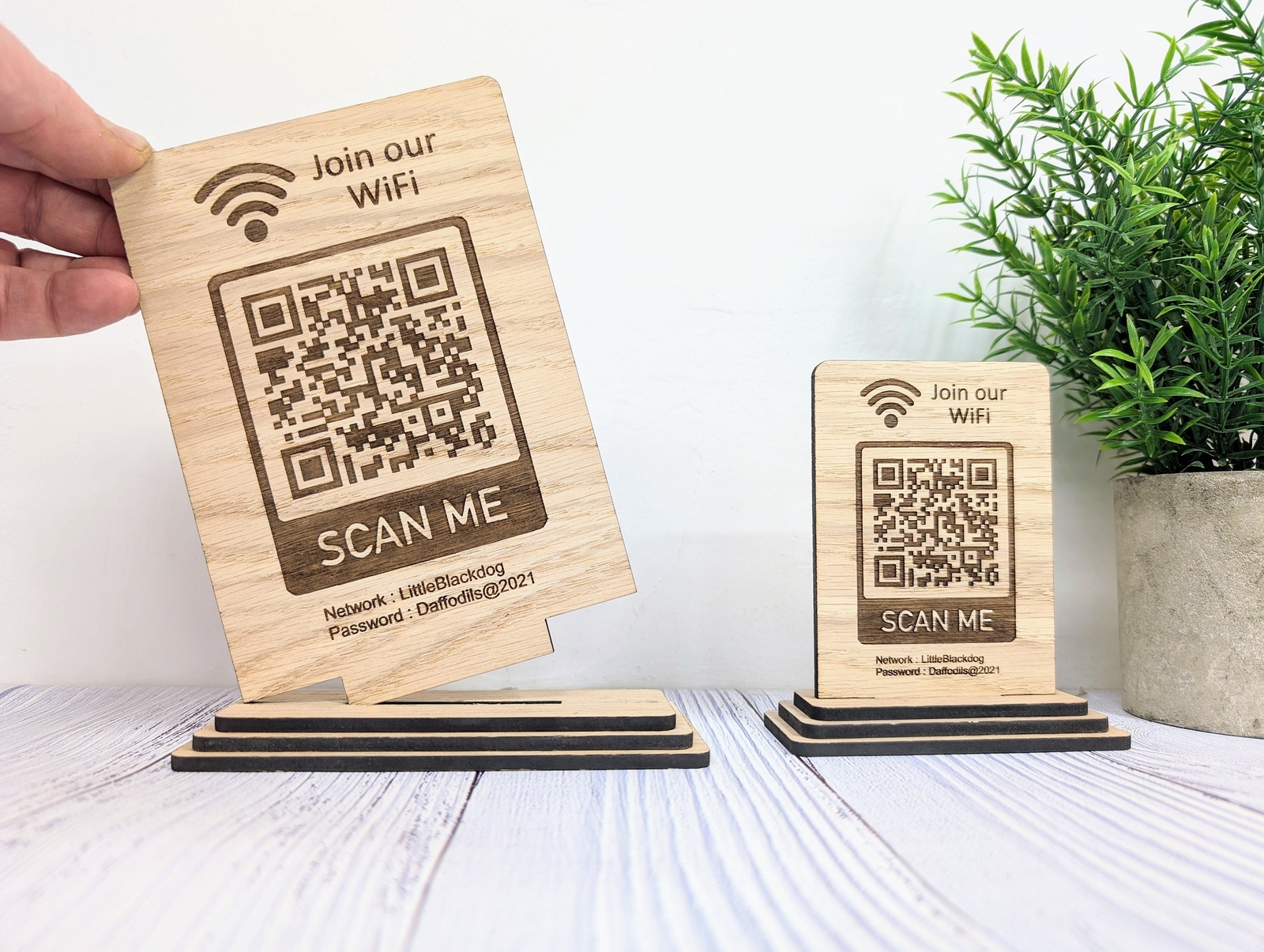Wooden WiFi QR Code Sign, Network Password Table Display, 2 Sizes, 1 or 2 Sided