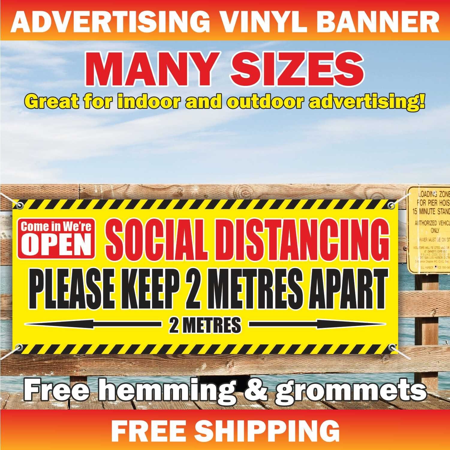 NOW OPEN SOCIAL DISTANCING PLEASE KEEP 2 METRES Advertising Banner Vinyl Sign