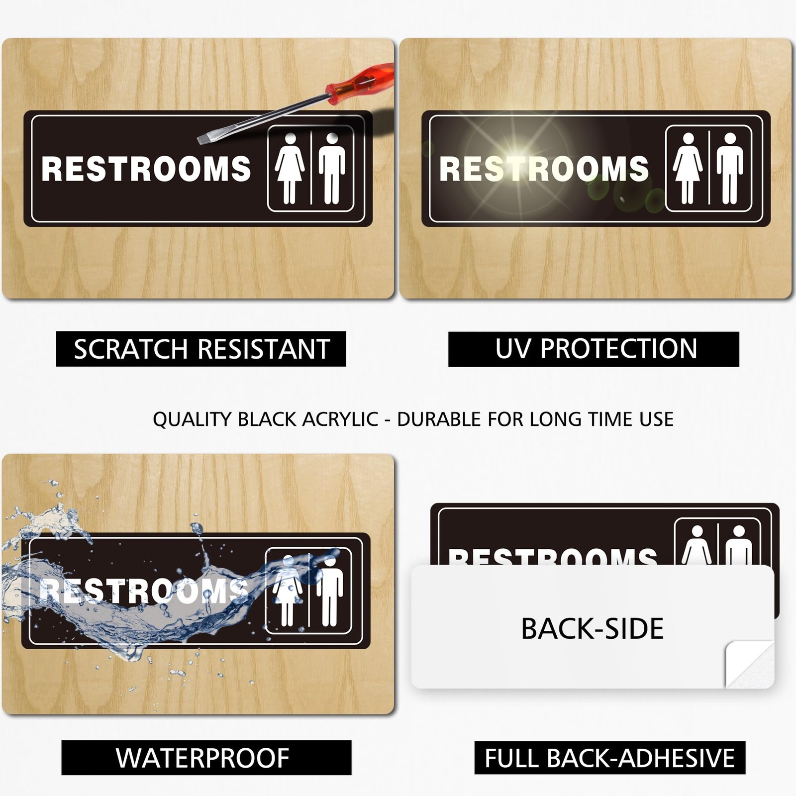 Restrooms 9×3 Inch Acrylic Sign for Men and Women Bathroom Signage Waterproof…