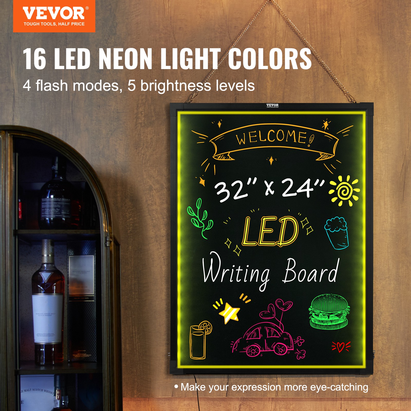 VEVOR LED Message Writing Board 32&Prime;x24&Prime; Illuminated Erasable Lighted Chalkboard
