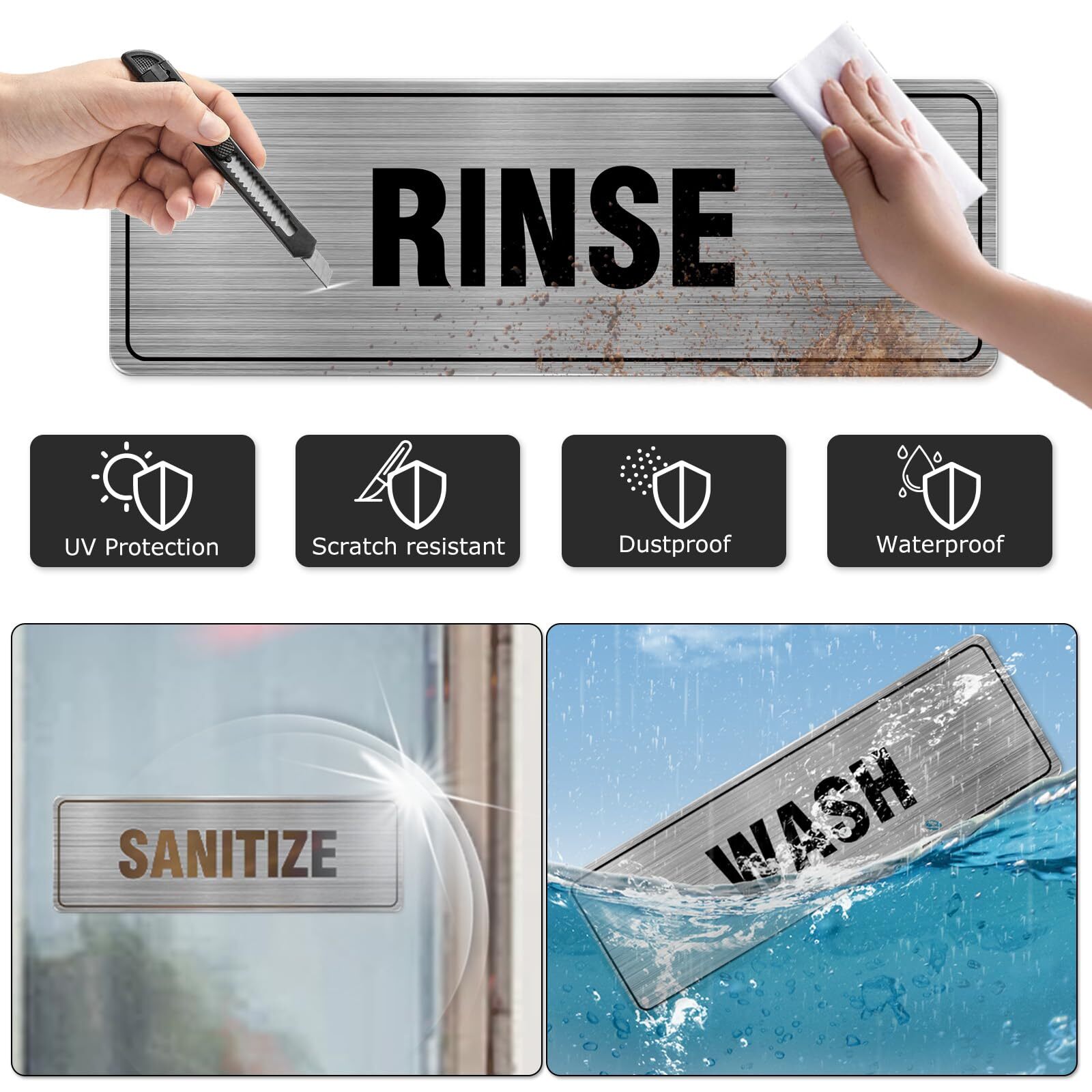 Wash Rinse Sanitize Sign Aluminum Silver 9 x 3 Inches Self-Adhesive Waterproo…
