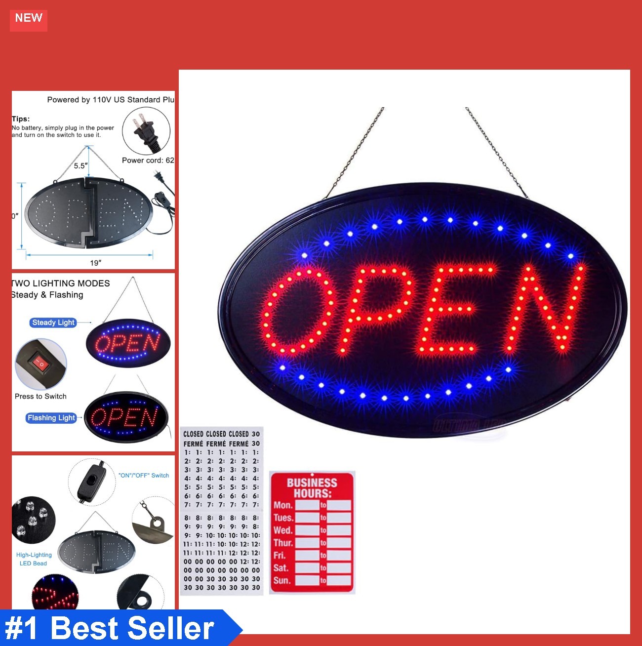 LED Open Sign 19×10 Inch Ultra Bright High Visibility for Bar Shop Window
