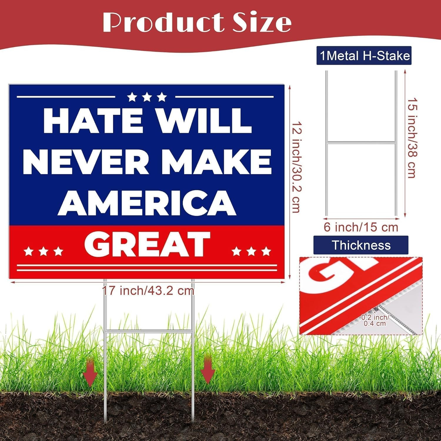Anti Trump MAGA Yard Sign 17 X 12 Inch Hate Will Never Make America Great Sig…