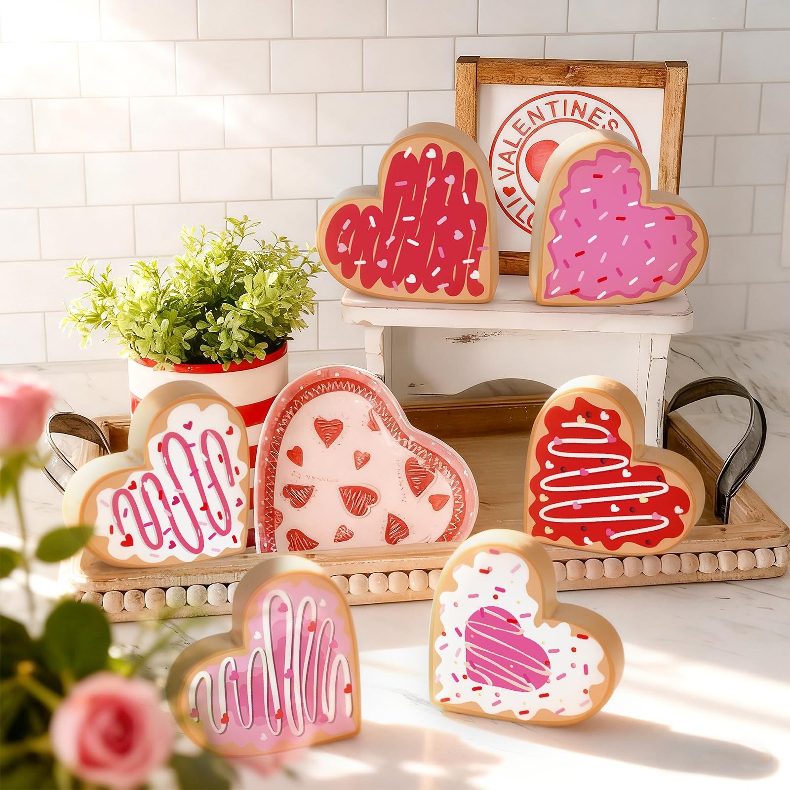 6 PCS Valentine Wooden Heart Table Centerpiece Double Sided Tray Decor