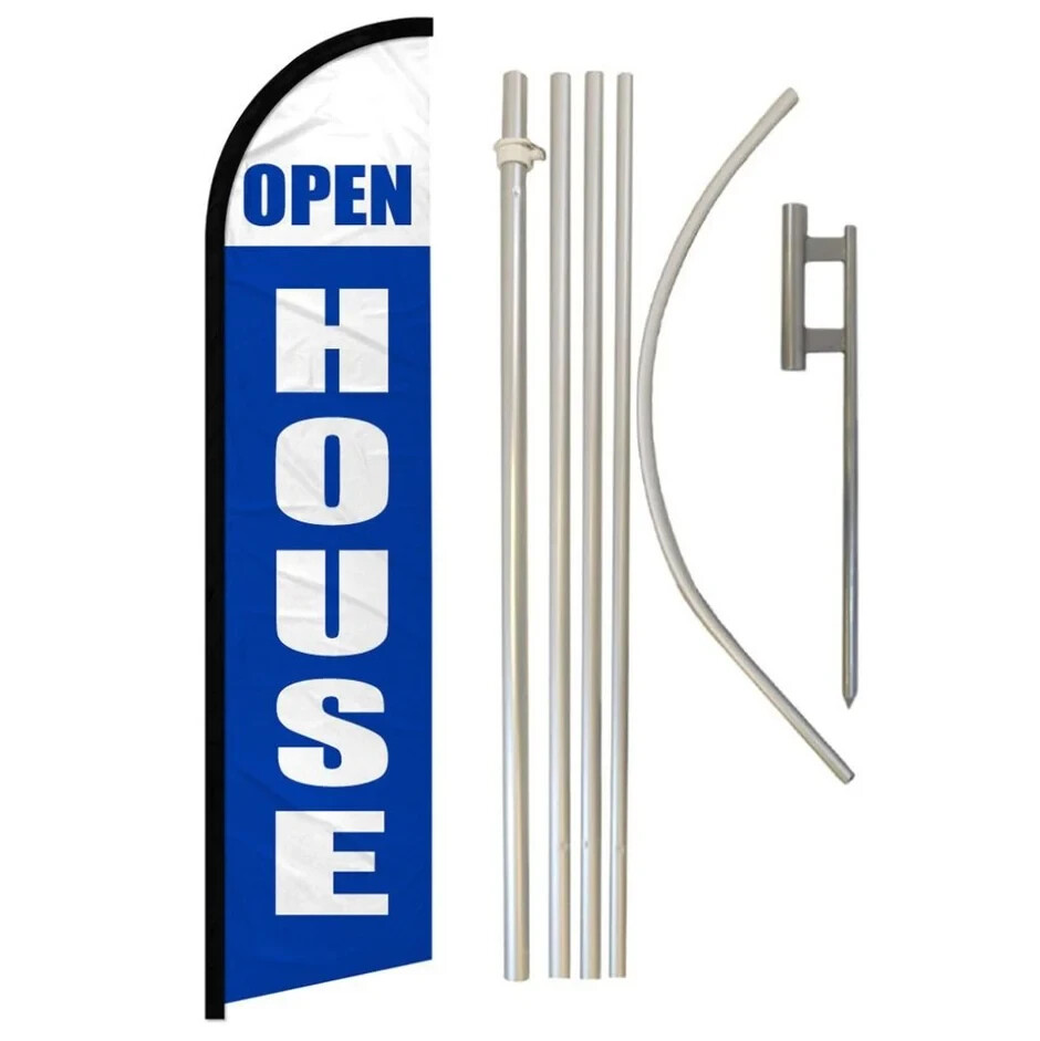 Open House Windless Advertising Banner Flag & Pole Kit (Blue/White)