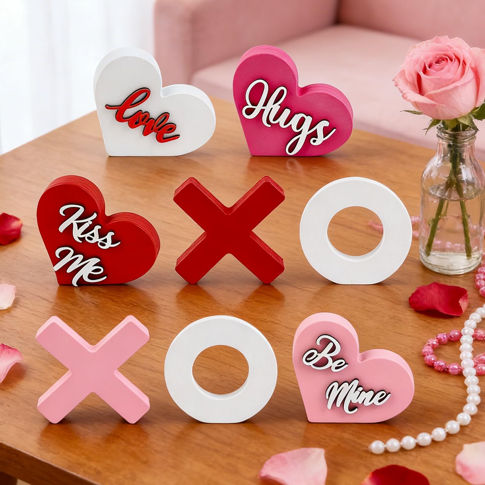 8 PCS Valentines Day Wooden Heart XOXO Table Signs Tiered Tray Decorations