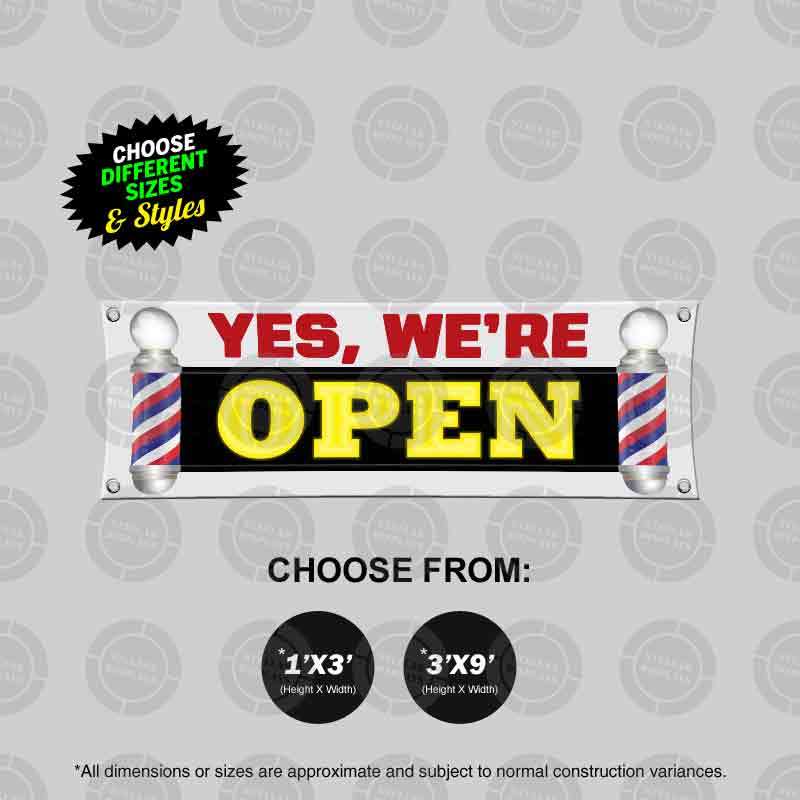 YES WE&rsquo;RE OPEN Banner Barbershop On Duty Sign Hiring Display Barber Pole Cheap
