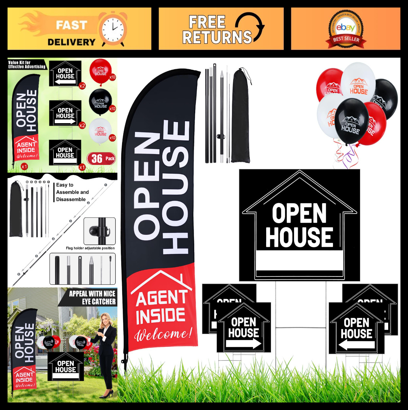 Open House Sign Set – 36 Pcs, Flag & Pole Kit, 5 Directional Arrows, 30 Balloons