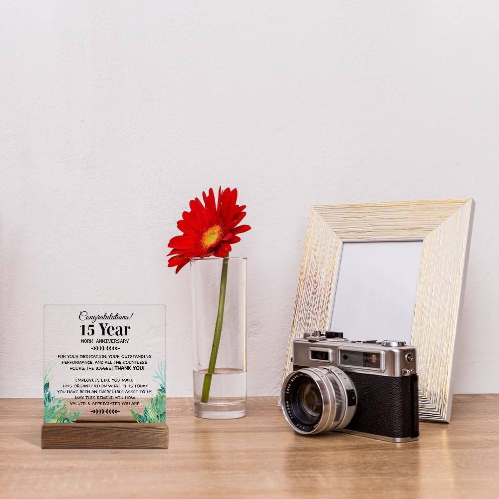 15-Year Work Anniversary Acrylic Sign with Wooden Stand – Employee Appreciation