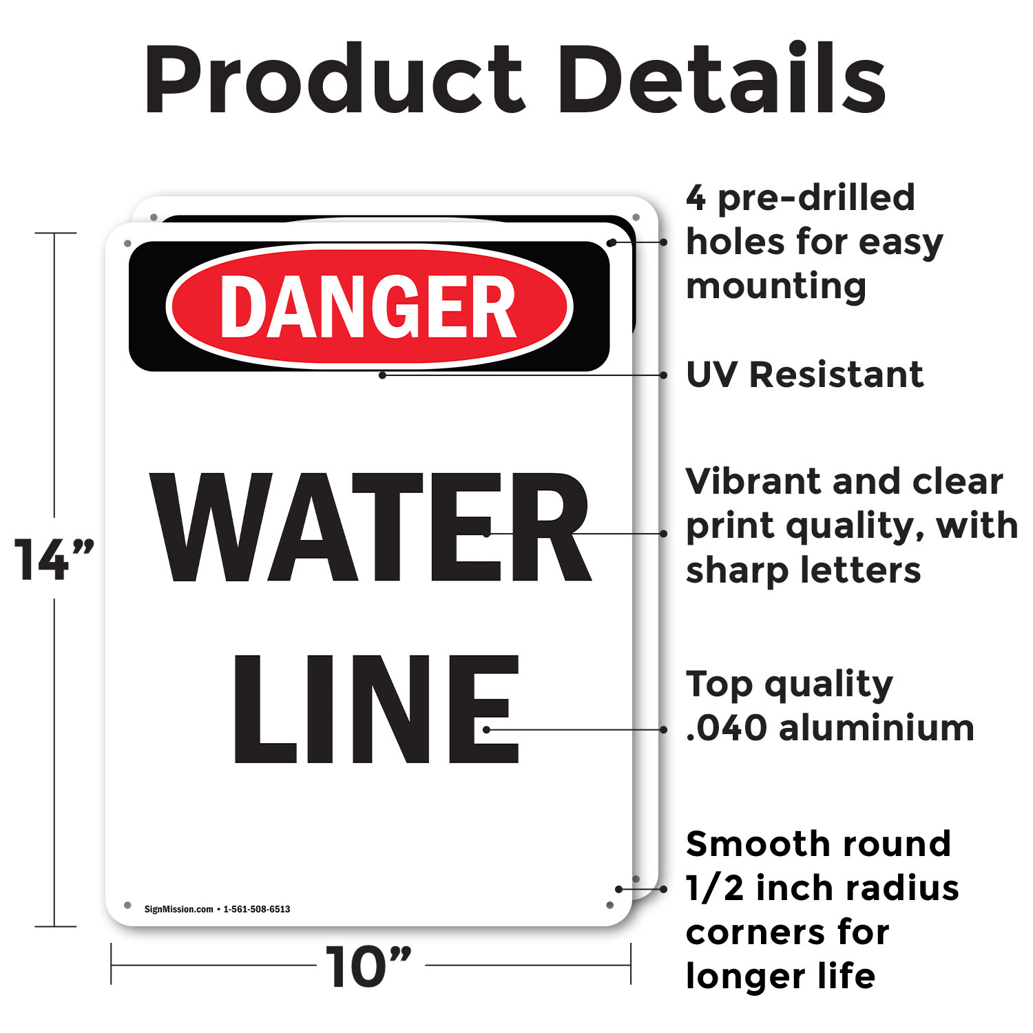 (2 Pack) Portrait Water Line OSHA Danger Sign Decal Metal Plastic